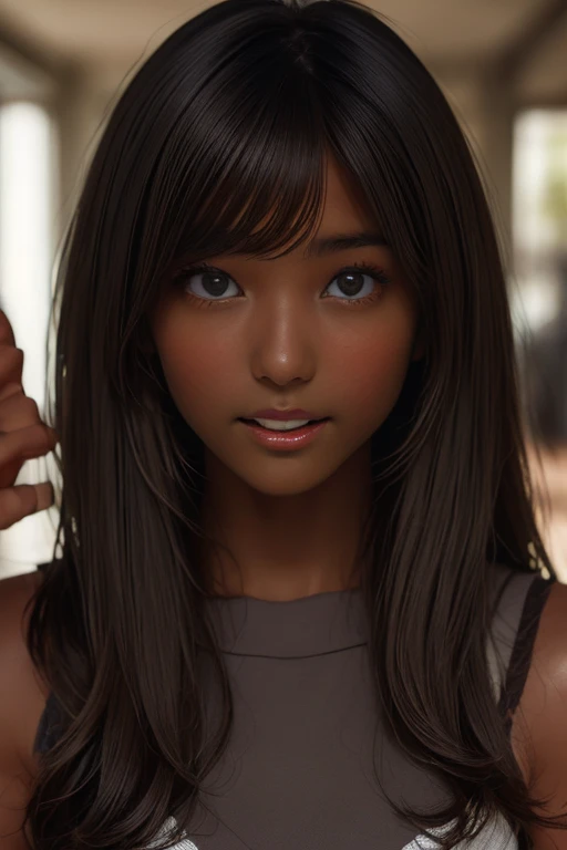 (((( one girl )))), Put your hand over your mouth、Beautiful breasts、 Brown eyes, ((Gal Hairstyles)) blonde, girl, (Eye and facial details:1.0), break, (masterpiece, Highest quality, Very detailed, Detailed face, 8k),( dark skin:2.05 ), ( open mouth ),(((( ...