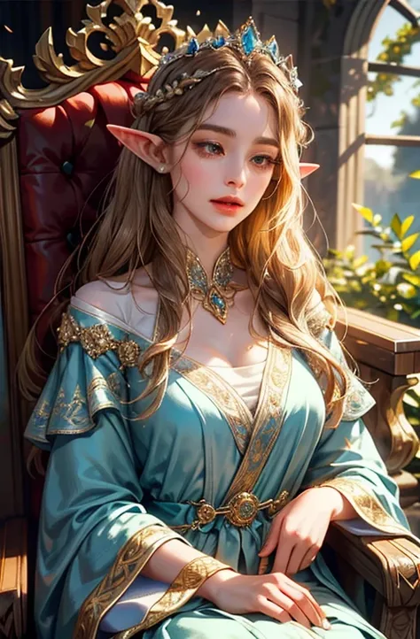 elegant elf queen with tiara crown, long silky light brown hair, elf ears, almond eyes, thin lips, round face, large breasts, si...