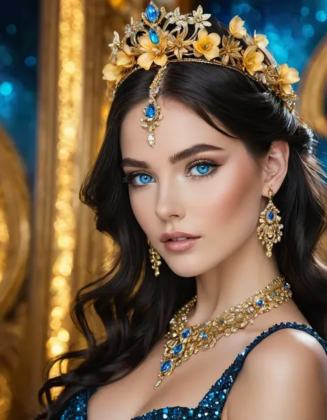 A stunning 2 beauty with a delicate face, expressive blue eyes and lush dark hair cascading down to her shoulders, adorns an incredibly complex tiara with golden flowers and iridescent stones. Her full, glossy mouth is framed by detailed eyelashes and eyeb...