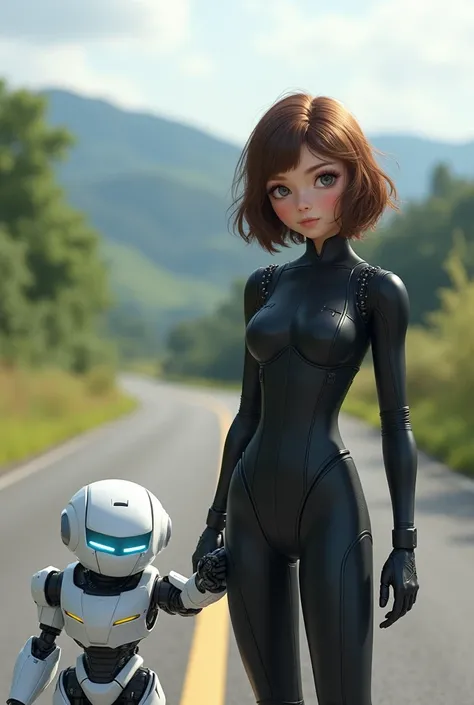 Create a brown-haired girl dressed in black with a new white and medium autobot, on a road 