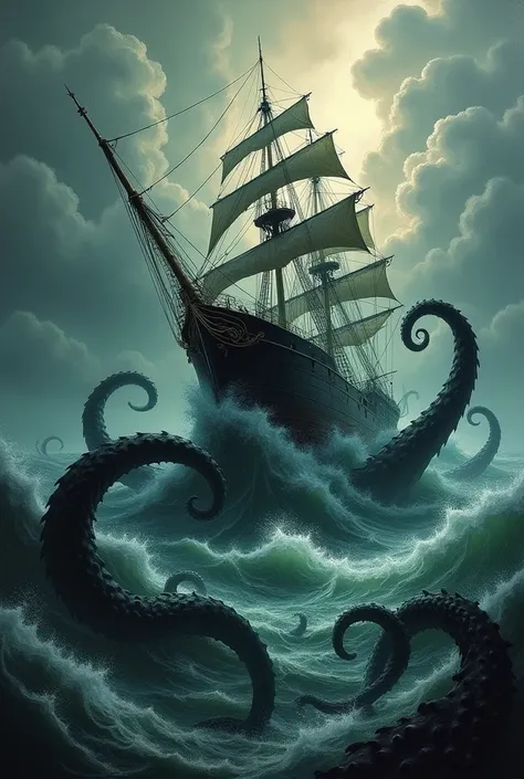 A painting of a ship being sunk by tentacles