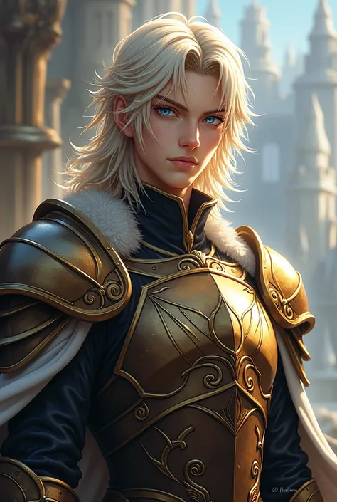 Prince with semi-long pale blonde hair, cold blue eyes, bronze armor, anime style