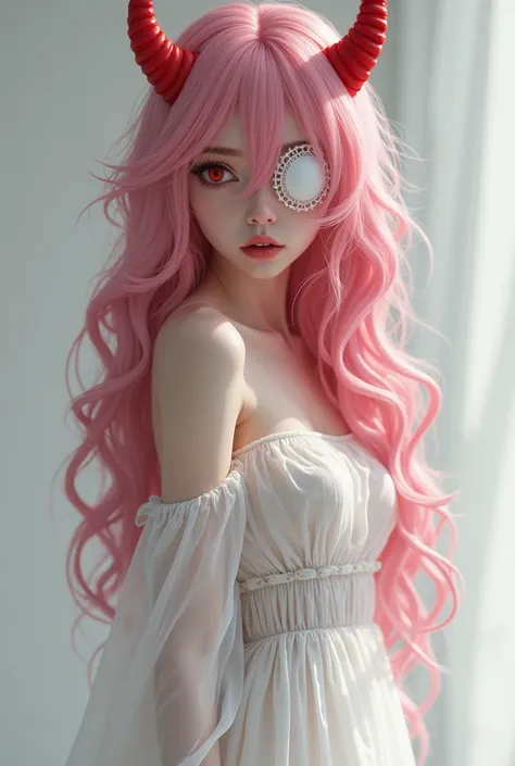 Beautiful girl with red horns, Red eyes with long wavy pink hair, white dress, with a white patch on his right eye looking at the viewer