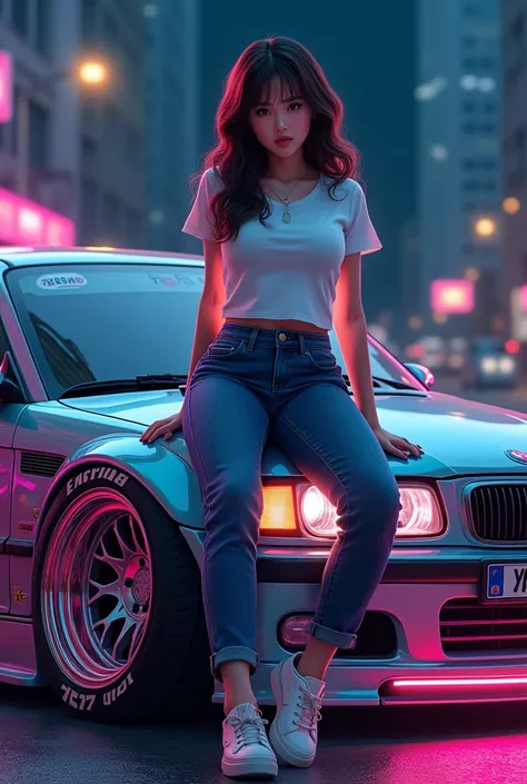 
Swaphoto telephoto, an chubby curvy (negara) youth korean woman (white t-shirt jeans). beautiful detailed face. Sitting in a flirtatious pose on the hood car (kendaraan), Chamber, stance hellaflush. vehicle tires Hsr rainbow metallic (warna-warna) rims. (...