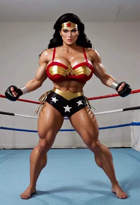 Young woman 30 years old , black hair, , perfect body, Athletic, black leather shorts , barefoot, wrestling pose , red bra , white skin color , (( big breasts)) , (( big ass)) NSFW , don&#39;t hide your groin, in a boxing ring , focus on the ass , looking ...