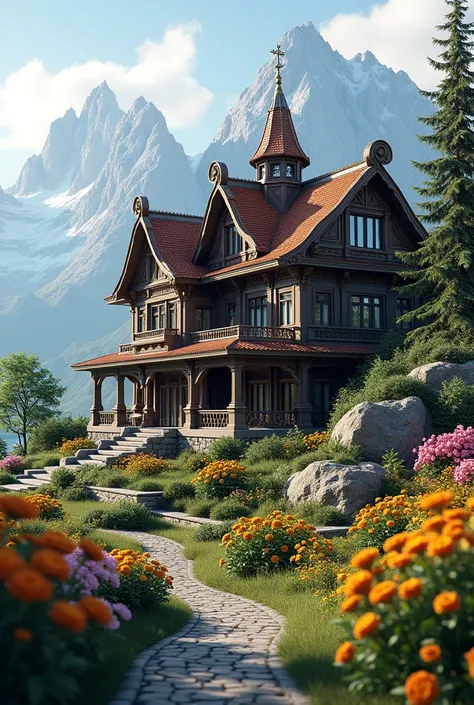 An anime Russian style mid big house in the mountain there are flowers around