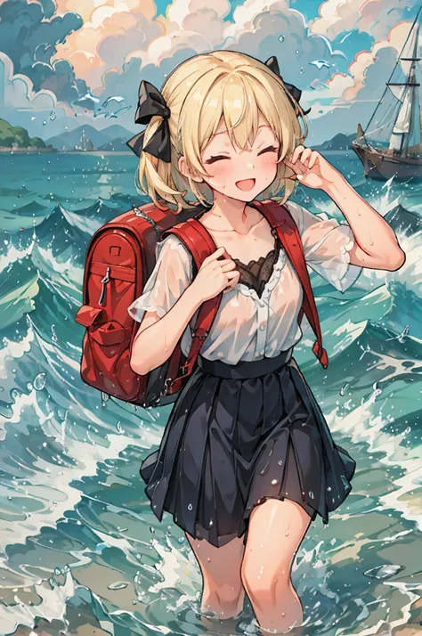 (8k, Best Quality, masterpiece: 1.2), Ultra-high resolution, 1 person, cute, Blonde, Close your eyes, Mouth open, Small breasts, blouse, shirt, Backpacks, sea, deep, Soaking wet, Black underwear, ribbon, Gothic Long Skirt, A childlike smile, The best smile...