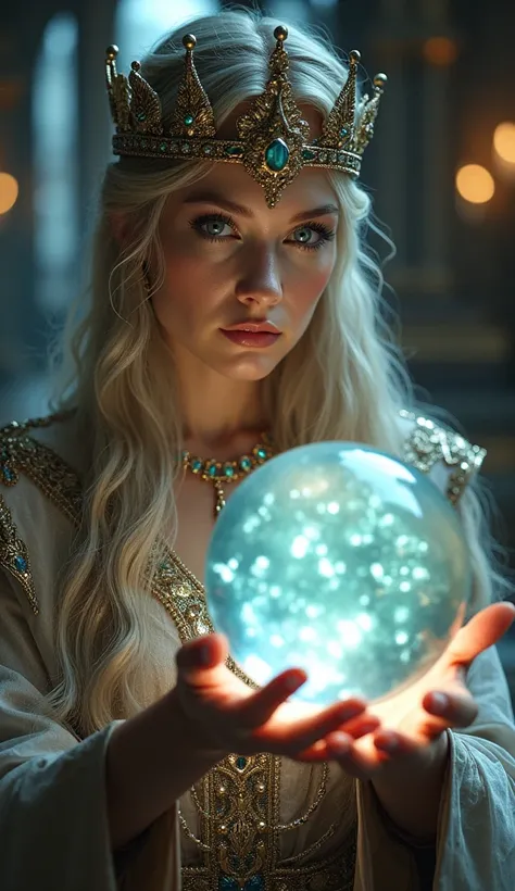 norse goddess,Looking forward close-up wearing a crown, Holding a magic crystal ball, Casting a Spell, best quality, 4K resolution, Flawless face, in a luxurious palace, Superrealisticart)