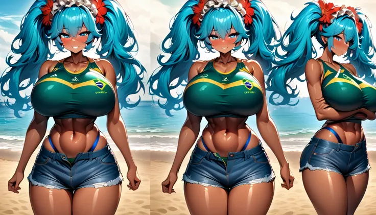 Brazilian Miku, dark skin, Brazilian sportswear, blue big twin ponytails, Super huge big breasts breast enlargement, standing alone on the beach, blue eyes, floral headdress, soda in hand, tanned denim shorts, full-body shot, shy smile, ultra-detailed, HDR...