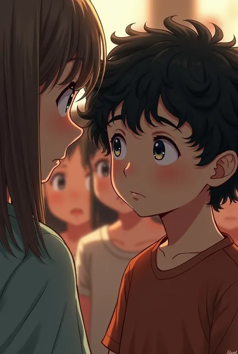 Older girl with straight hair watching her dark curly boy with other girls 