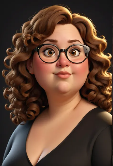 cartoon, 3d, Pixar style, fat woman, 4, brown curly shoulder length hair, thin lips, light brown eyes, wearing black round glasses, fat nose, black blouse, dark background, friendly face,