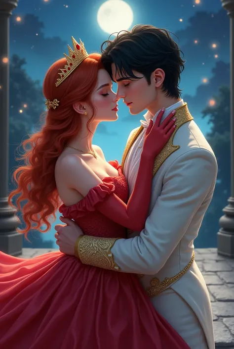 White redhead girl with freckles red princess dress and a crown kissing a black haired boy black eyes wearing a white suit with gold, They are on a terrace at night 