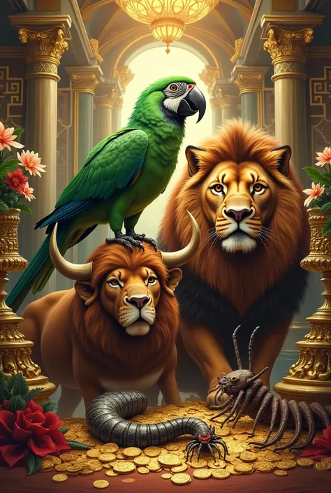 Generate a high-quality image, where there is a green parrot, a lion, a bull and a centipede. May you be surrounded by luxuries, many dollars and much gold. 