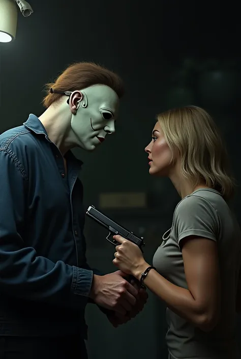 Michael Myers with a knife and blonde heroine Laurie fighting back with a gun