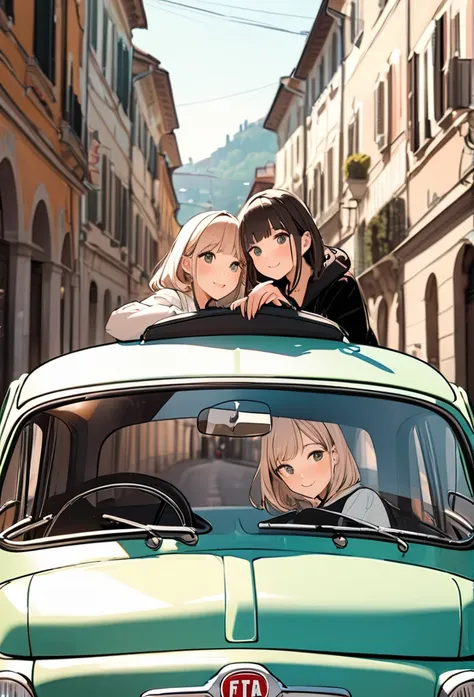 (masterpiece, best quality:1.1), pop-art style, medium flat color,(two girls),cute,detailed face,tween,have a nice trip,(in front of the car,torino,),Italy, beautiful detailed scenery, beautiful lighting,very happy,dynamic pose,photographic portrait, sharp...