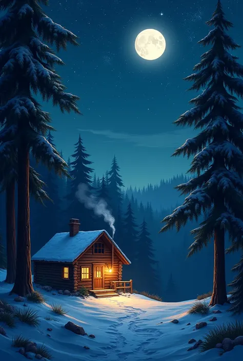 Create an image of a cozy night in a pine forest with a cabin under a starry sky that includes the Milky Way and a bright full moon.”

This scene captures the tranquility and beauty of nature at night, with the vibrant stars and moon adding to the serene a...