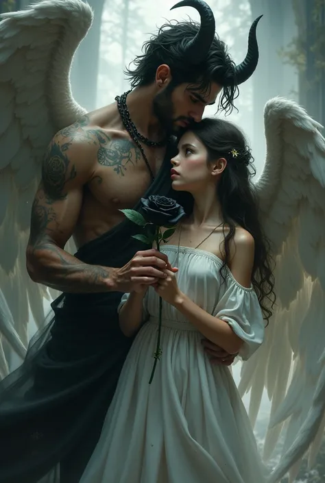 Angel girl and demon boy holding a black rose and the boy is hugging the girl from behind 