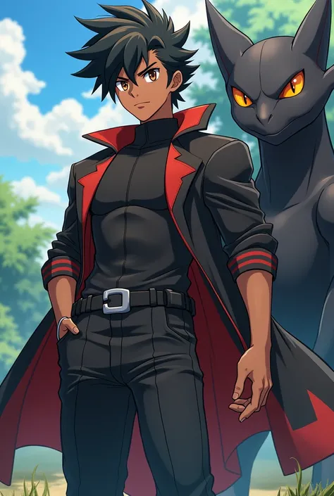 Create an anime-style illustration of a black male Pokémon trainer with intricate details. The trainer should bear a striking resemblance to Champion Cynthia from the Pokémon series, with (((black hair))), (((brown eyes))), and (((dark skin))). The trainer...