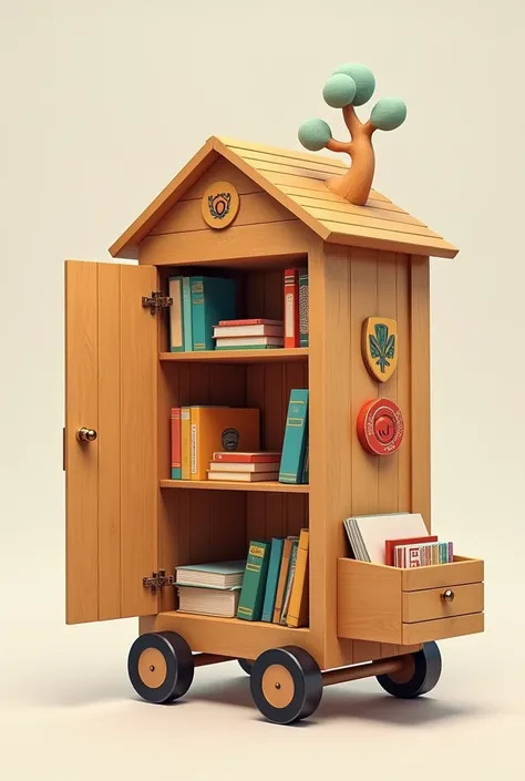 make a sketch for a cart containing books and other learning materials for children. the appearance of the cart is wardrobe type, the form is two shelves in the cart, dont forget to put a door and a roof. The handle of this cart is tilted for pushing and t...