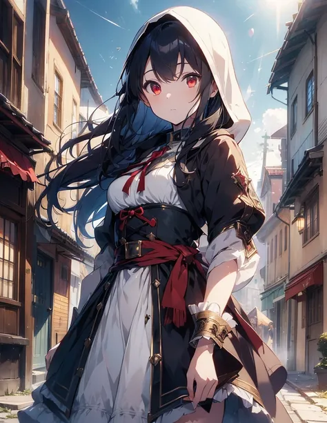 ((style:Colored pencil,pale colour))、Very detailed、(anime)、(masterpiece:1.2),atmospheric perspective,lens flare、Medieval European streets、Assassin girl standing on the roof of a building、Wearing a hood、cute、Red eyes、Your eyes shine in the moonlight、assassi...