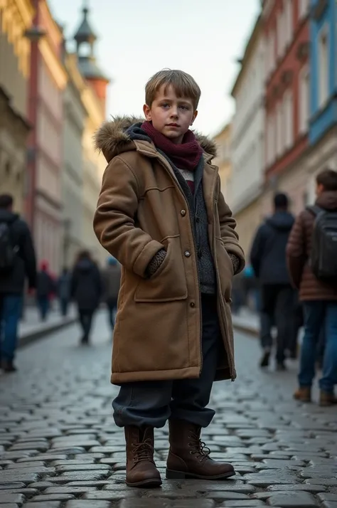 Full-length photo of a 1 Russian boy against the street