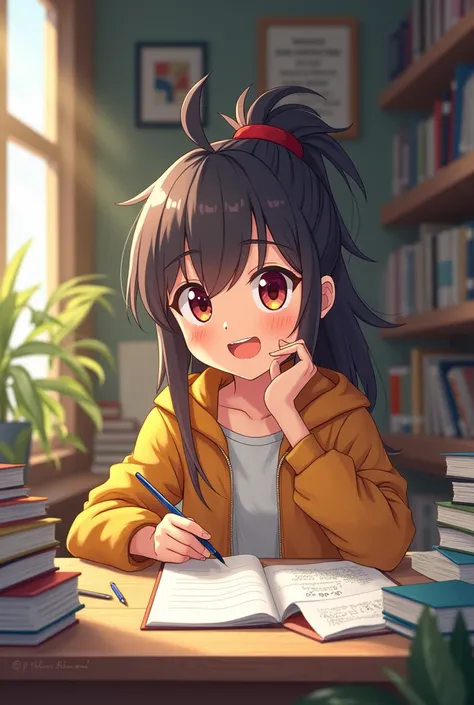 an anime character studying psychology, loves running and is happy.