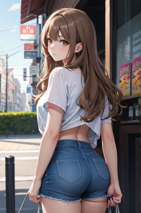 nsfw, (8k、Best image quality、Best Quality、masterpiece)、Detailed face、Detailed Background, Improve、A beautiful 3 woman, (Light Brown Hair:1.3), Wavy long hair, blunt bang, Big Ass, (Casual women&#39;s everyday wear:1.2), (mini skirt:1.3), Gold Necklace, Ear...