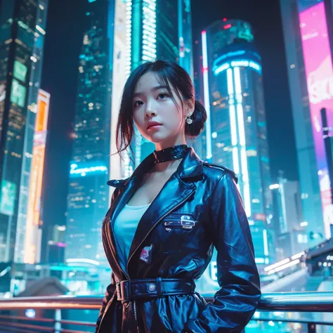 Masterpiece,High image quality,8k,Perfect Face,Perfect body。Futuristic costume mini skirt、Panties of a healthy, flushed 20-year-old woman。Future city skyscrapers。A realistic Hollywood movie live-action drama。