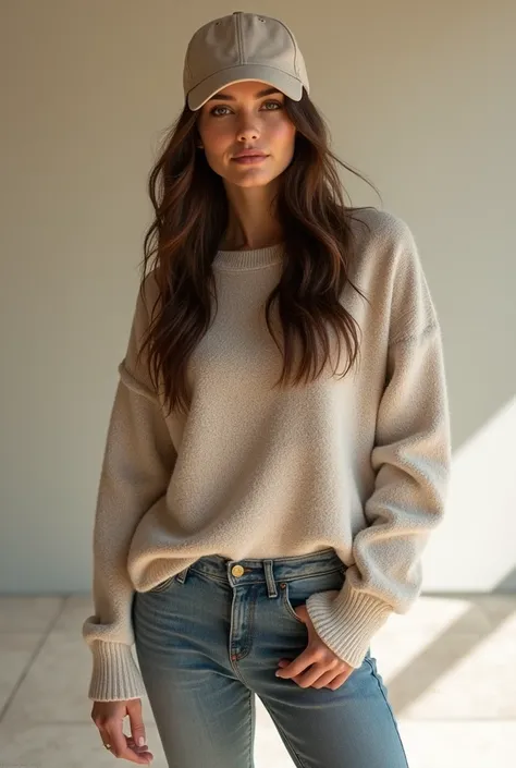 Create a 20 year old girl with a cap with a sweater, brown hair, Victoria&#39;s Secret model. full body