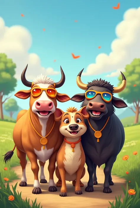 Cow,buffalo and dog having goggles in open land with smile enjoying nepali festival dashai and having tika and jamara