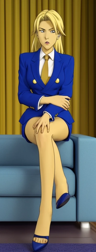 Adult 90s anime blonde business woman in a blue double breasted skirt suit and blue skirt with golden buttons wearing a tie full body sitting