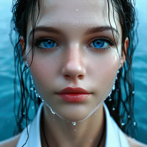 the face of woman with beautiful blue eyes, in water, in the style of dystopian realism, realistic perspective, xbox 360 graphics, surrealistic realism, emotive realism, soggy, eerily realistic, realistic illustration, anatomically correct, super details, ...