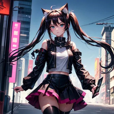 ((Beautiful girl holding a mobile phone in her hand)) 4K  8K:: Cyberpunk::1 --v 4 --quality 2 anime girls、With long hair and cat ears、On the street,Wearing spats　Twin tails