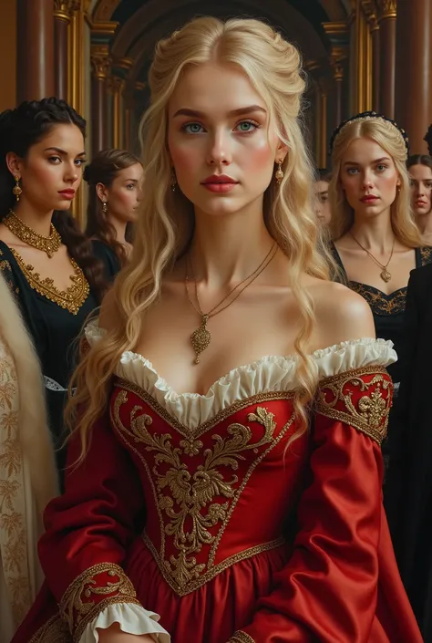 Create a young blonde-haired, blue-eyed Lannister woman in a red and gold dress accompanied by her ladies-in-waiting and servants