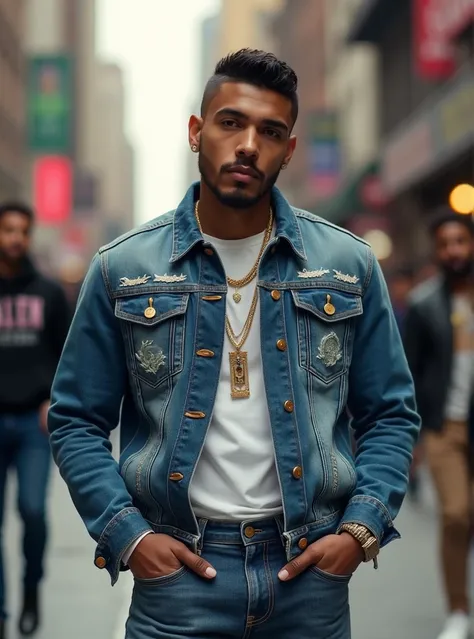 Puerto Rican multimillionaire rapper with denim style and a taper fade haircut spun forward 