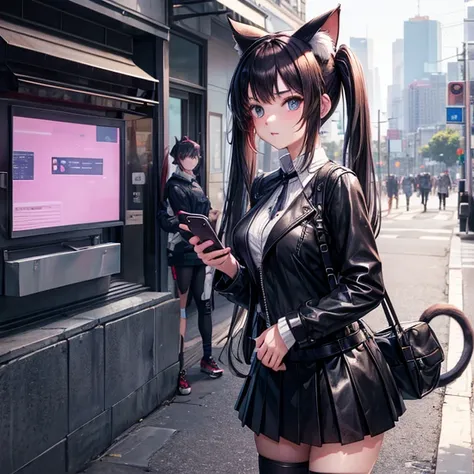 spats　((Beautiful girl holding a mobile phone in her hand)) 4K  8K:: Cyberpunk::1 --v 4 --quality 2 anime girls、With long hair and cat ears、On the street　Twin tails