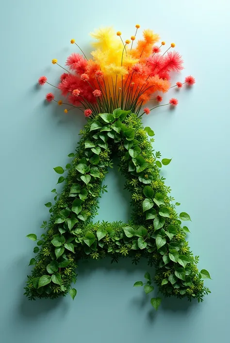 "Create a 3D botanical atwork that spells out the name Aqsa using lush green leaves and vibrant glass.And dynamic clouds of red, yellow, and  colors emerging from the top off the letter A to create striking contrast against a neutral blue background."