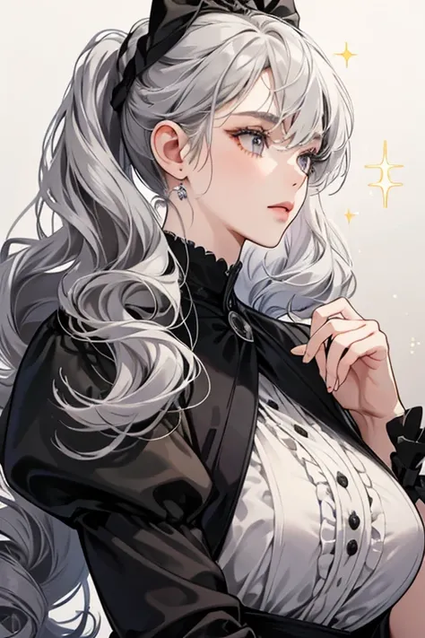 Alexandra, bearing a strong resemblance to her daughter, is a woman with light gray hair and gray eyes. Her hair is in a half updo held by black ribbons, and has two large drill-shaped curls. SPARKLE; GLITTER