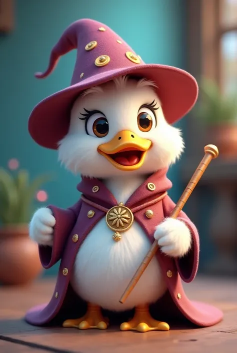 Create a White Duck Cute Version, 3D cartoon style, wearing wizard clothes