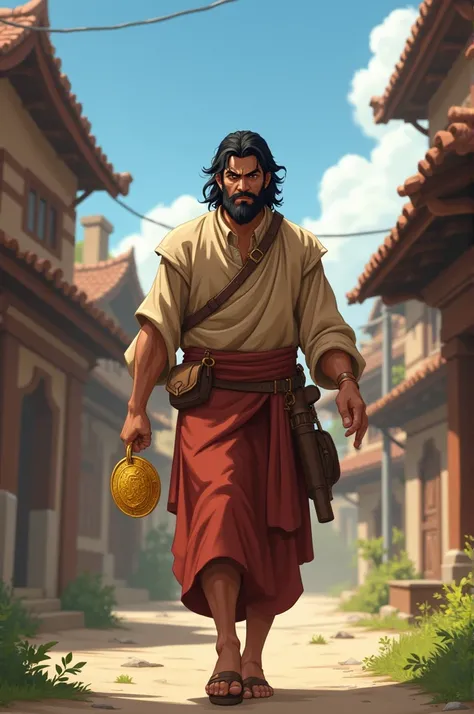 Ramu Decides to Return the Coin**: Determined, Ramu walks confidently toward the village with the gold coin in hand. His posture and facial expression indicate resolve, as he has chosen honesty over greed.
