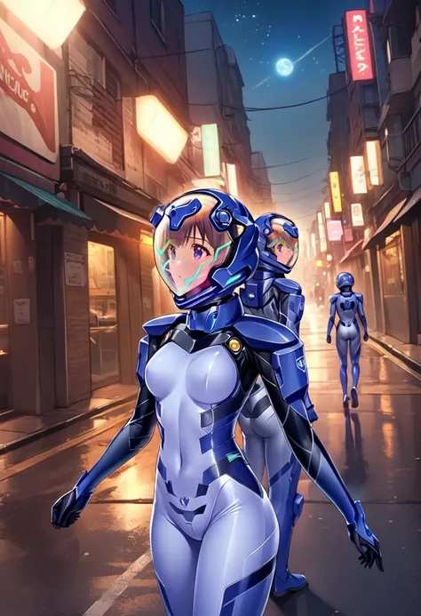 short hair, street, emo, BLACK hair, white eyes, eyeliner, apocalypse, (astronaut, girl, road, city,  fortified suit, ((blue:1.5) plugsuit), short hair, outdoors, cinematic light,  medium breasts, covered navel, space helmet, muvluv, space helm, eva helmet...