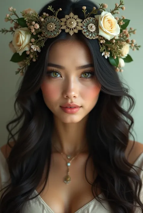 A beautiful realistic photo of Delilah with green eyes and long hair Delilah with a headdress 



