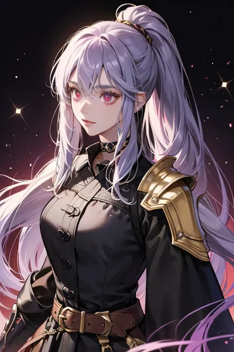 Alvitr has long, greyish violet hair that is tied into a ponytail alongside raspberry red eyes. She has a black choker with two straps that connect to her black and sea turquoise outfit with dull, golden buttons and strings. She has black armor and a shoul...