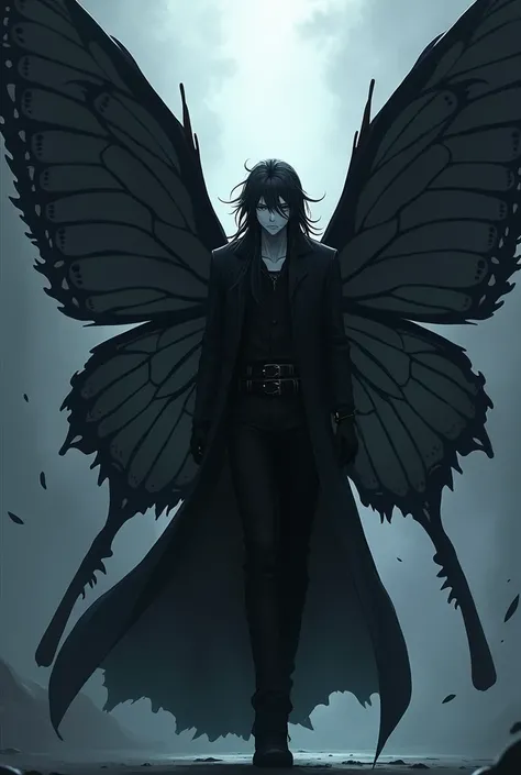 Male anime character with dark butterfly-style wings, pale skin, very dark hair and dark tunic and pants clothing