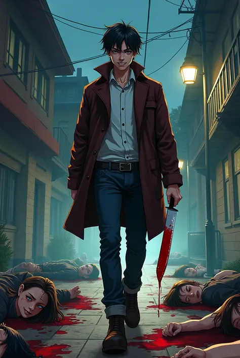 Create a boy in anime style the boy is a young adult he has a bloody knife in his hands and clearly he is a serial killer he has an evil and pleased smile on his face he is walking down the street and on the street are the bodies of his victims