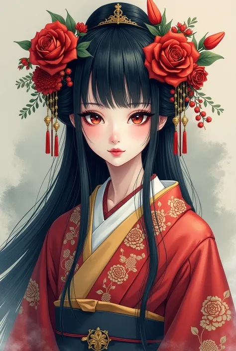 Oiran、Gothic、Watercolor、composition、Golden Ratio、Functional、Elegant、Flowing Hair、Traditional Kimono、effect、Delicate facial features、detail、emotion、charm、background、Soft colors、blend、Mysterious、Elegantなatmosphere、Impression、atmosphere、Face directly ahead、