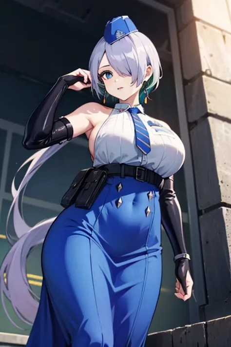 nikkebrid, large breasts, low ponytail, hair over one eye, earrings , garrison cap, sleeveless shirt, long skirt, blue necktie, belt pouch, elbow gloves, high heel boots, from below 