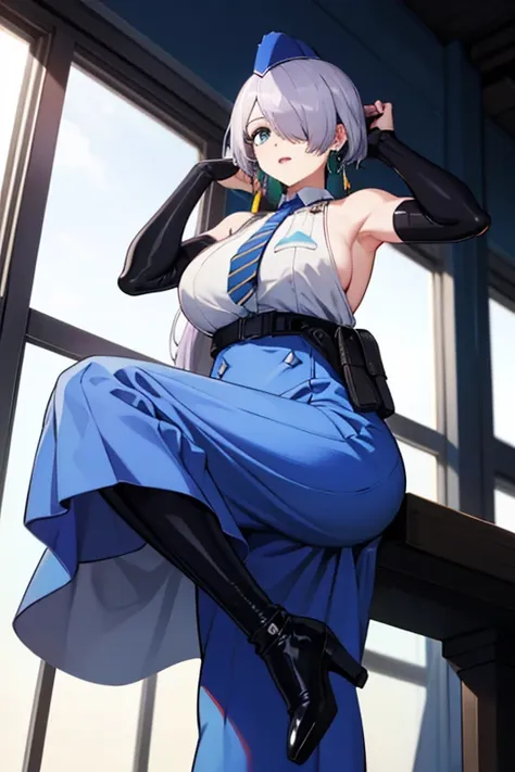 nikkebrid, large breasts, low ponytail, hair over one eye, earrings , garrison cap, sleeveless shirt, long skirt, blue necktie, ...