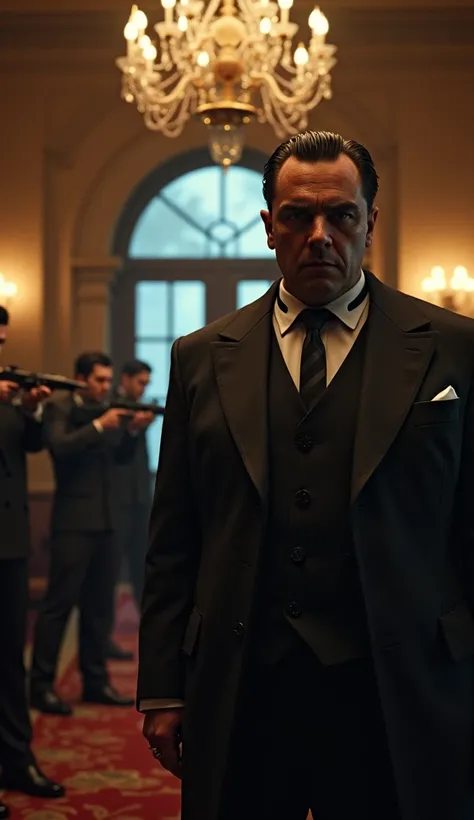 Al Capone, in a darker suit now, 1928, overseeing a group of heavily armed bodyguards, inside his Miami mansion, Capone standing in the foreground looking serious while his men load weapons in the background, grand interior with luxury furniture and large ...