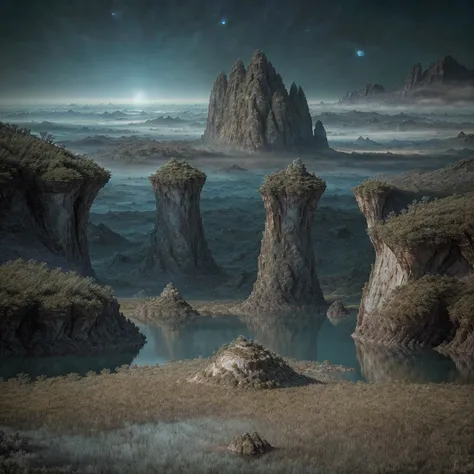 Alien otherworldly landscape from a distant planet. The landscape is from marble rocks and hills hills filled with weird organic alien plants. Floating geometrical 3D shapes of different kind of shapes levitating above ground creating a mysterious atmosphe...